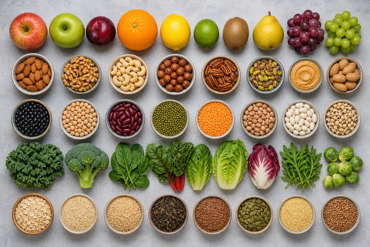 Colourful whole foods arranged in neat rows: fruit, nuts, beans, greens and grains